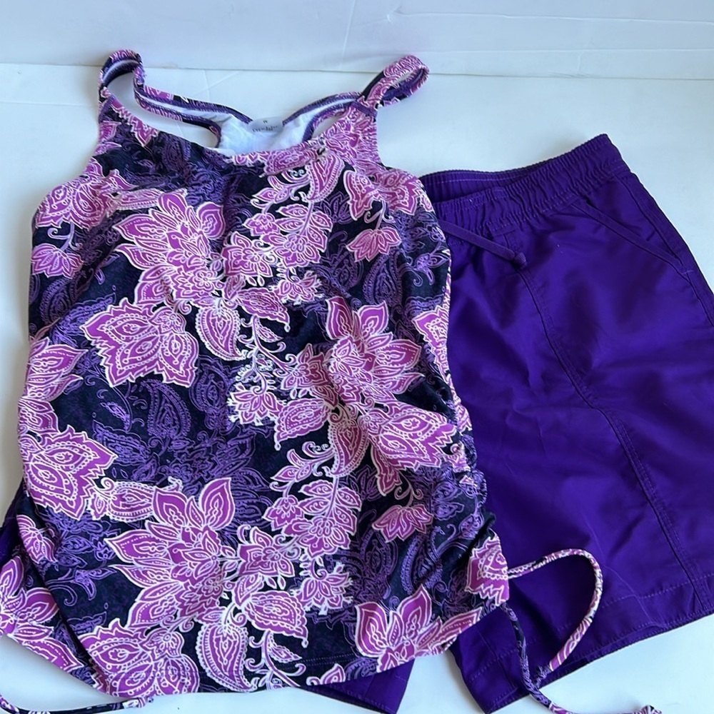 Ella Mae by Modli Maya tankini purple floral swim top 7” purple board shorts